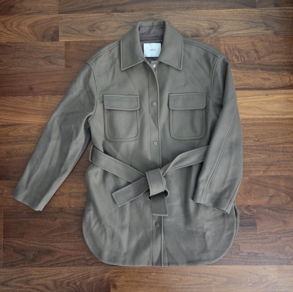 Aritzia Wilfred Rialto Shirt Jacket Heather Brown Belted Shacket Size Small